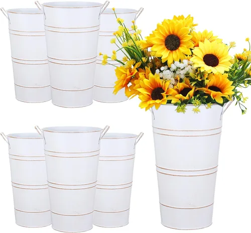 Miniatura 8 de Chumia 6 jarrones de metal galvanizado de 12 pulgadas, cubo de flores francesas para flores cortadas, decoración de cubo de flores de metal, Beige
