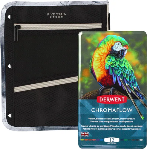Paquete de 12 lápices de colores Chromaflow de Derwent de 0.157 in de ancho (2305856) + bolsa con cremallera de cinco estrellas, bolsa para lápices,