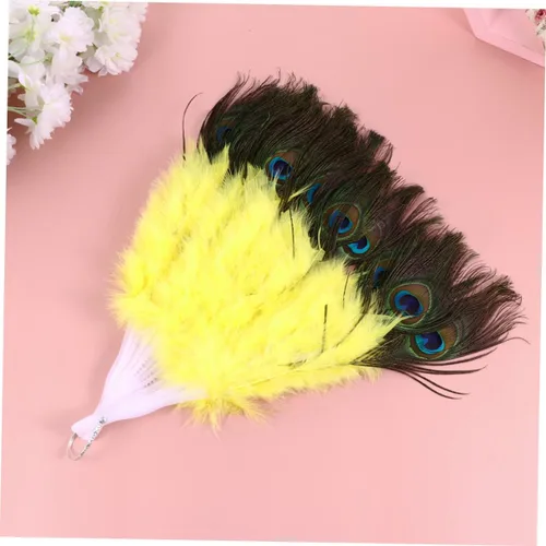 Miniatura 7 de DECHOUS Abanico de fiesta, 1 unidad, ventilador de mano de pavo real, ventilador plegable, ventilador de baile de ropa de pavo real amarillo pavo