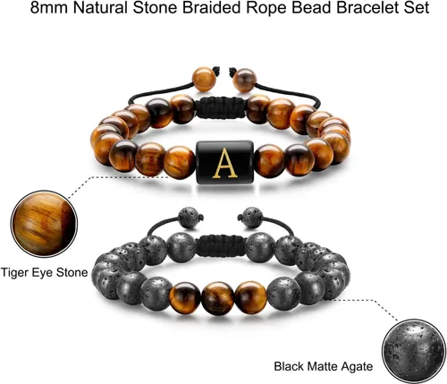 Miniatura 5 de M MOOHAM Pulseras de cuentas para hombre, pulsera con inicial de piedra natural de 0.315 in para hombres, pulseras de ojo de tigre de roca de lava