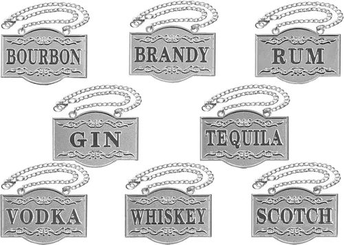 Etiquetas para decantadores de licor, juego de 8, plata preciosa | Liquor Decanter Label: Gin, Vodka, Bourbon, Whiskey, Brandy, Rum, Scotch,