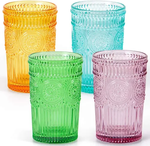 Miniatura 9 de MDLUU Vasos de agua en relieve, cristalería romántica, vasos de beber vintage, vasos de vidrio para jugo, bebidas, cóctel, capacidad de 12.5 onzas