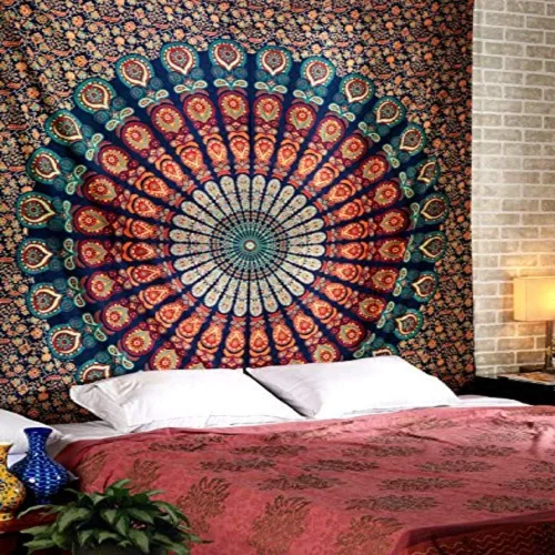 Miniatura 2 de RAJRANG Tapiz de Mandala de Pavo Real Hippie para Colgar en la Pared 90 x 84 pulgadas Tapices Decorativos Trippy Bohemios Indios Hechos a Mano