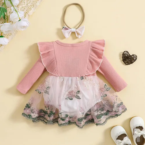 Miniatura 3 de Mameluco de manga larga con volantes para bebé niña, mameluco bordado de malla, vestido tutú para otoño