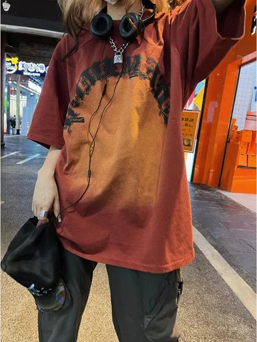 Miniatura 2 de MANMU Gradient Color Women's Letter Print Short Sleeve T-Shirt Cool Harajuku Fashion Korean Style Loose Casual T-Shirt