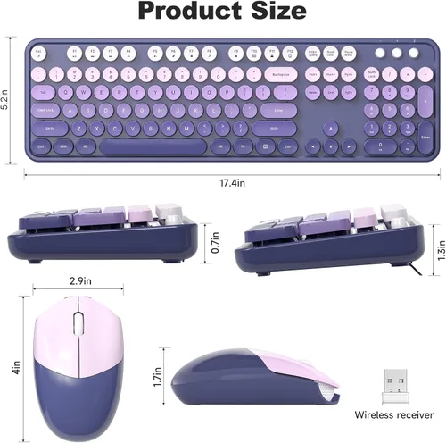 Miniatura 88 de KNOWSQT Combo de teclado y ratón inalámbrico, teclados lindos de tamaño completo estilo máquina de escribir 2.4G azul colorido - receptor USB Plug