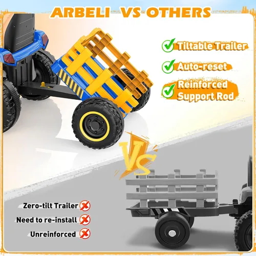 Miniatura 3 de ARBELI Tractor de paseo de 12 V 7 AH con remolque inclinable y control remoto, motores de 2 x 45 W, Bluetooth, música, palanca de cambios, juguetes