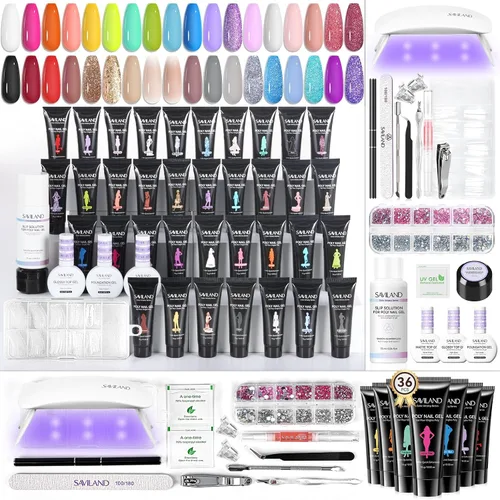 SAVILAND Kit de uñas de polygel sin hema para regalo bonito: kit de inicio de uñas de polygel de 36 colores con solución deslizante y mini lámpara