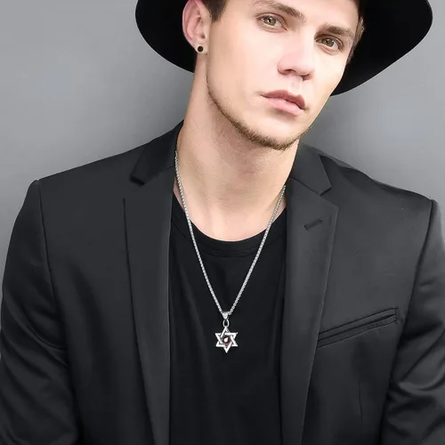 Miniatura 22 de U7 - Collar con Estrella de David para hombres y mujeres, dije hexagonal de acero inoxidable con cruz/piedra de rubí/collares clásicos judíos