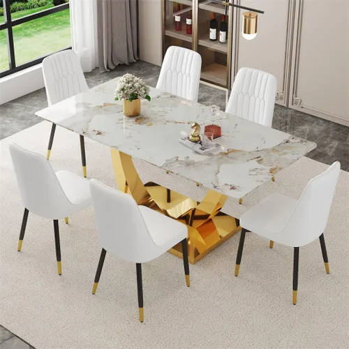 Miniatura 51 de Juego de mesa de comedor para 4, mesa de comedor de mármol sintético de 63 pulgadas con patas y base de acero inoxidable, sillas acolchadas