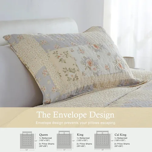 Miniatura 5 de Colcha de tamaño Queen extragrande de 102 x 120 pulgadas, 100% algodón, ligera, extra grande, tamaño Queen con 2 fundas de almohada, colcha Beige