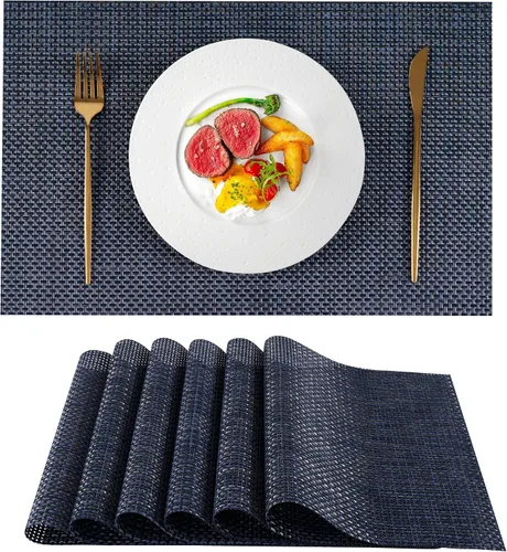 Miniatura 12 de Juego de 4 manteles individuales de vinilo de plástico tejido beige y amarillo para decoración de mesa de comedor, resistentes al calor