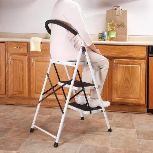 Miniatura 4 de LivingSURE Combo de taburete de escalera de 3 escalones con asa, taburete plegable antideslizante, escalera de pedal extra ancha resistente