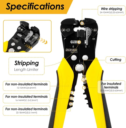 Miniatura 2 de DOWELL Pelacables automático 10-24 AWG, herramienta multifuncional 3 en 1 para pelar, cortar y engarzar, herramienta eléctrica duradera de alta