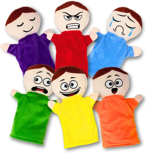 4E's Novelty Títeres de mano para niños con 6 emociones, con brazos móviles, títeres de mano de felpa suave para niños pequeños, juguetes de