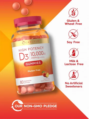 Miniatura 5 de Carlyle Gomitas de vitamina D3 10000iu para adultos 80 unidades Gomitas con sabor a melocotón Alta potencia para mujeres y hombres