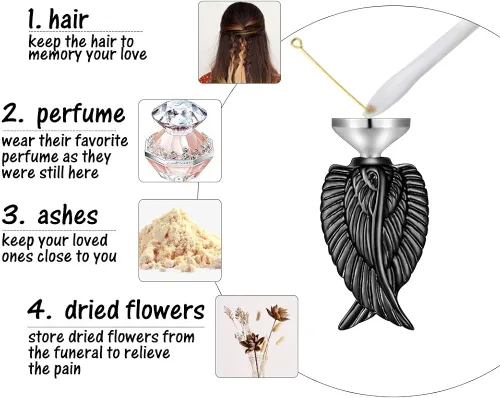 Miniatura 6 de Collar de cremación de ala de ángel para cenizas de acero inoxidable, colgante de urna para cenizas, joyería conmemorativa, estoy aquí viendo sobre