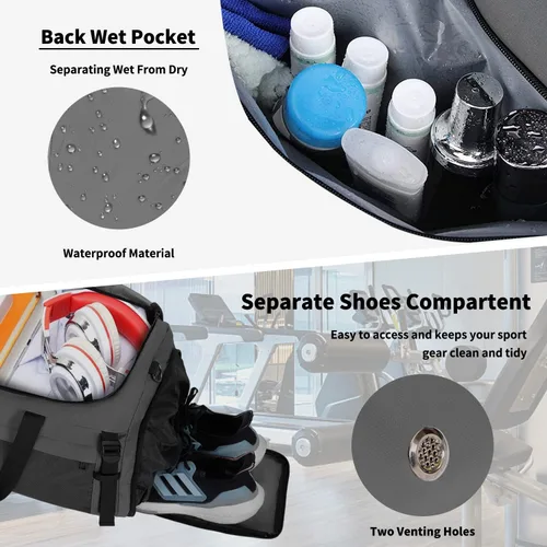 Miniatura 4 de Eackrola Bolsa de deporte grande para gimnasio, bolsa de viaje con bolsillo húmedo y compartimento para zapatos para hombres y mujeres, 65L, ligera