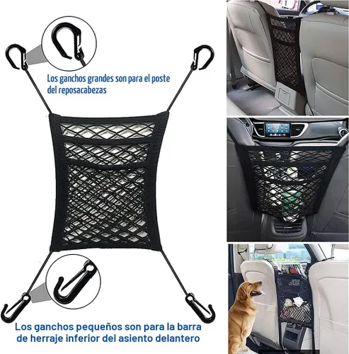 Miniatura 5 de Organizador de malla de 3 capas para automóvil, bolsa de red para respaldo de asiento, barrera de asiento trasero para mascotas y niños, soporte
