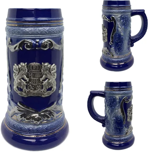 Miniatura 3 de OktoberfestHaus - Taza de cerveza con escudo de armas del Bayern alemán, escudo de armas con emblema de metal sobre jarra de cerámica azul cobalto