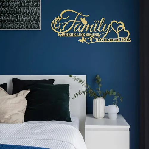 Miniatura 7 de Letrero de metal familiar para pared, con texto en inglés "Where Life Begins Love Never Ends Heart Butterflies", escultura para colgar en la pared