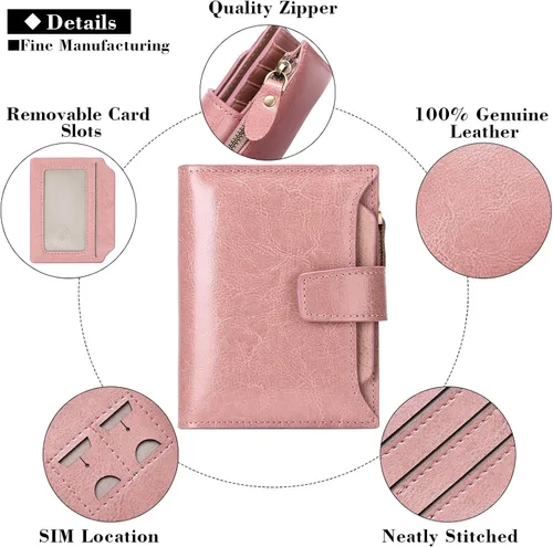 Miniatura 5 de FALAN MULE - Cartera de cuero auténtico para mujer pequeña plegable compacta con interferencia de radiofrecuencia RFID