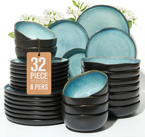 Miniatura 59 de Pokini - Juegos de vajilla de gres para cena, juego de platos y cuencos de cerámica, platos de cocina aptos para microondas y lavavajillas, platos