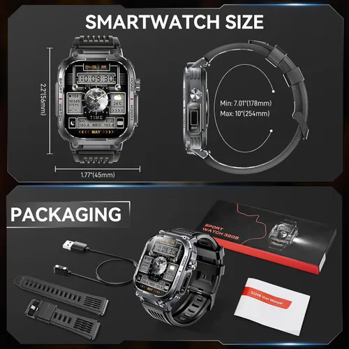 Miniatura 8 de Reloj inteligente militar para hombre, resistente al agua, 3 ATM, con linterna de llamadas/LED, pantalla grande HD de 2.02 pulgadas, reloj