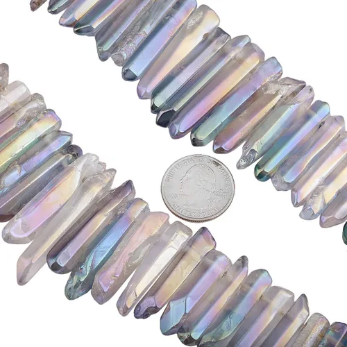 Miniatura 10 de Nupuyai Puntos de cristal de cuarzo de roca natural para hacer joyas, cuentas de piedra graduada perforadas con revestimiento de titanio, cuentas