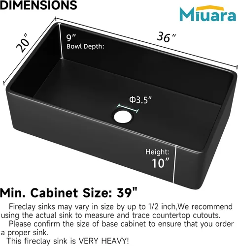 Miniatura 55 de Miuara Fregadero de Granja Negro de 33 Pulgadas - Fregadero de Cocina Grande de Frente con Delantal Tazón Individual 33"x18"x10", Instalación Bajo