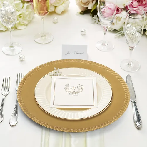 Miniatura 5 de Paquete de 12 platos de carga dorados de plástico, platos de carga redondos reutilizables de 13 pulgadas, cargadores decorativos para cena, platos