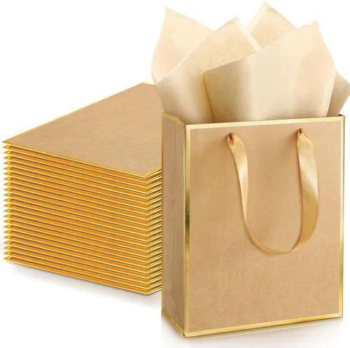 Miniatura 15 de Yeaqee Paquete de 24 bolsas de regalo de papel metálico con asa y papel de seda de 9 x 7 x 3.1 pulgadas, bolsas de favor de bienvenida con papel