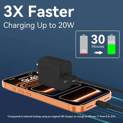 Miniatura 2 de Cargador para teléfono 15/16/17 Pro Max de carga rápida, bloque de carga USB C de doble puerto de 20 W con cable de carga USB C a C de 6.6 pies