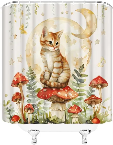 Miniatura 3 de Cortina de ducha bohemia con diseño de hongos, diseño de gato, mariposa, luna, estrellas, retro, flores silvestres, 70S y 60S, diseño botánico