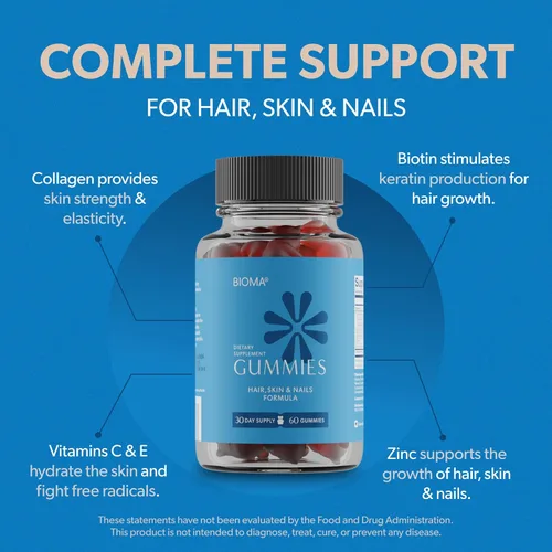 Miniatura 3 de BIOMA Gomitas de belleza para cabello, piel y uñas, apoya el crecimiento y la fuerza con biotina, colágeno, zinc y vitaminas C y D, sin gluten, 180