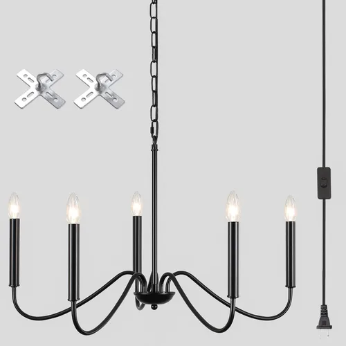 ETONIMERR Lámpara colgante enchufable negra con luz larga de granja, lámpara colgante enchufable de 5 luces para comedor, lámpara de araña rústica