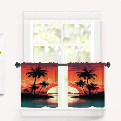 Miniatura 68 de Cortinas de cocina de hojas de arce otoñales para ventanas, hojas verdes y rojas sobre cenefas opacas negras, tratamientos de ventana de poliéster