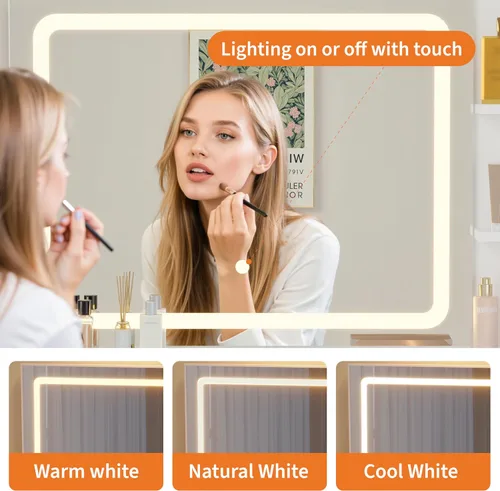 Miniatura 3 de Garvee Tocador de 31.5 pulgadas de ancho con silla, tocador para mujer con taburete, espejo LED, soporte para secador de pelo, toma de corriente, 3