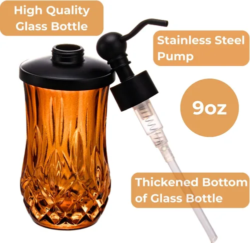 Miniatura 4 de Dispensador de jabón de vidrio ámbar de 9 onzas con bomba de aleación de zinc negro mate, vidrio de corte grueso sin plomo, dispensadores de jabón