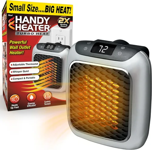 Ontel Handy Heater Turbo Wall Outlet Calentador Enchufable - Calentador de Espacio de Cerámica Portátil para Interiores con Termostato Ajustable,