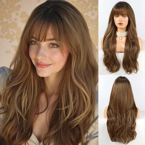 Miniatura 9 de HAIRCUBE Peluca larga rubia mezclada con marrón con flequillo, pelucas rizadas en capas para mujeres, pelucas sintéticas naturales para uso diario