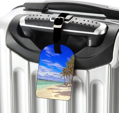 Miniatura 2 de Etiquetas de equipaje de vacaciones con nubes tropicales de playa, isla y cielo, tarjetas de equipaje de mano, de cuero, para maletas de viaje
