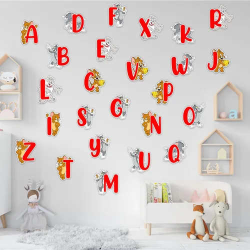 Tom & Jery - Adhesivo decorativo para pared del alfabeto (A–Z), divertido alfabeto de dibujos animados para espacios de aprendizaje, calcomanías
