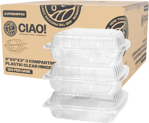 Miniatura 12 de CIAO! Contenedor blanco con bisagras MFPP de 9"x9"x3" con tapa 1 compartimento (caja de 150)