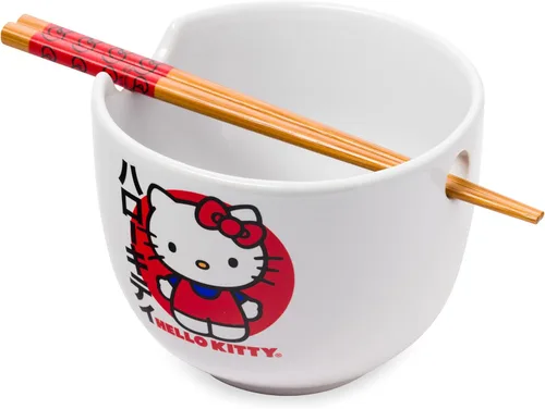 Silver Buffalo Sanrio Hello Kitty Tazón Japonés de Cerámica para Fideos Ramen y Arroz con Palillos, Apto para Microondas, 20 Onzas Logotipo japonés