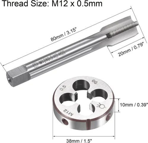 Miniatura 2 de uxcell M12 x 0.020 in Juego de llaves métricas y troqueles, rosca de máquina con troquel de roscado redondo, kit de grifo y troquelado