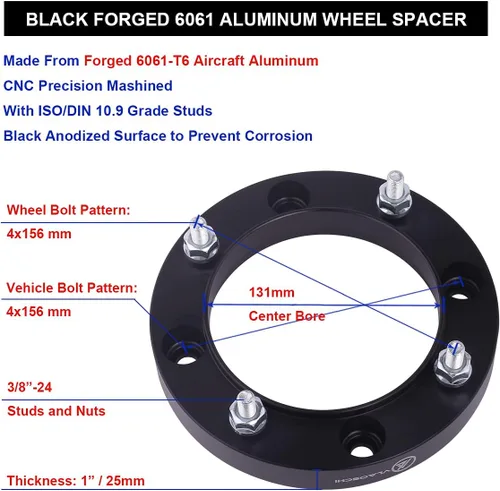 Miniatura 5 de Espaciadores de rueda ATV centrados en el cubo forjados negros 4x156 de 1 pulgada con pernos de 3/8"-24 Compatibles con Polaris Kawasaki de 4 lugs