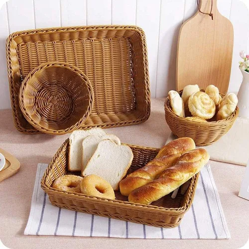 Miniatura 4 de Yarlung Paquete de 3 cestas de pan tejidas de ratán sintético, cestas de frutas de mimbre de plástico de 11.8 x 7.8 pulgadas para servir alimentos