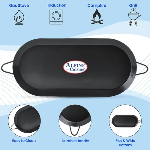 Miniatura 6 de Alpine Cuisine Parrilla ovalada antiadherente de 17.5 x 8 pulgadas – Tortilla Comal de acero al carbono negro con doble mango – Comal duradero