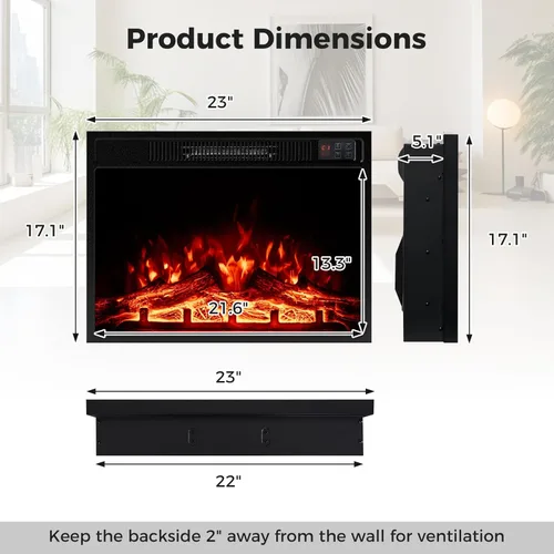Miniatura 6 de Tangkula - Chimenea eléctrica de 23 pulgadas, inserto de chimenea de 5,000 BTU con control remoto, 3 colores de llama y niveles de brillo